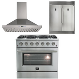 FORNO Appliance Package - 36 Inch Gas Range, Wall Mount Range Hood, 60 Inch Refrigerator, AP-FFSGS6244-36-W-4