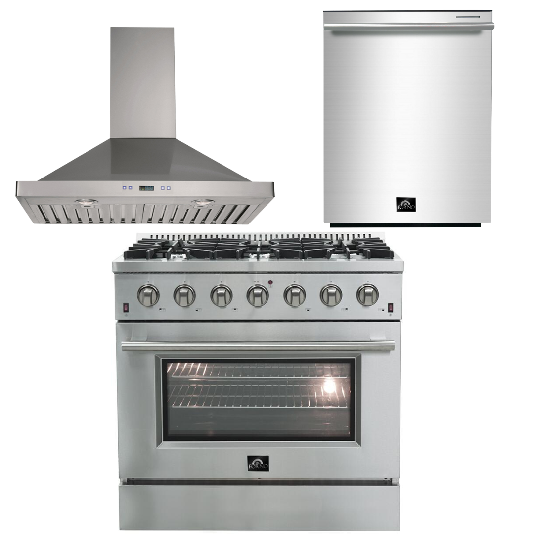 FORNO Appliance Package - 36 Inch Gas Range, Wall Mount Range Hood, Dishwasher, AP-FFSGS6244-36-W-2