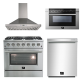 FORNO Appliance Package - 36 Inch Gas Range, Wall Mount Range Hood, Microwave Drawer, Dishwasher, AP-FFSGS6244-36-W-6