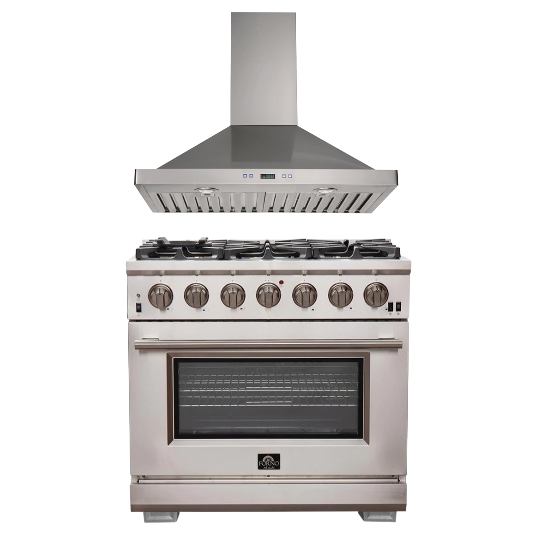 FORNO Appliance Package- 36 Inch Pro Gas Range, Wall Mount Range Hood, AP-FFSGS6260-36-W