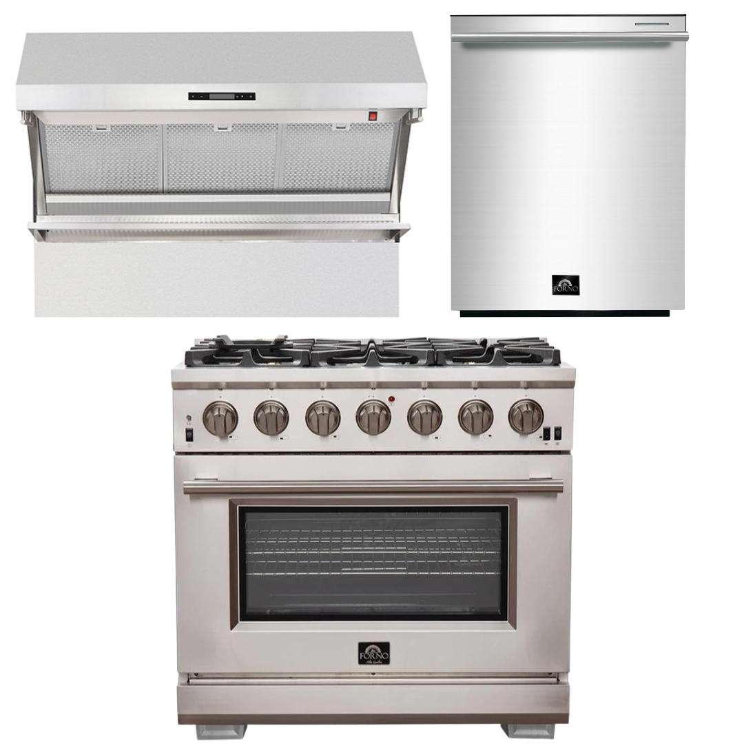 FORNO Appliance Package - 36 Inch Pro Gas Range, Wall Mount Range Hood, Dishwasher, AP-FFSGS6260-36-2