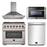 FORNO Appliance Package - 36 Inch Pro Gas Range, Wall Mount Range Hood, Microwave Drawer, Dishwasher, AP-FFSGS6260-36-W-6