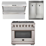 FORNO Appliance Package - 36 Inch Pro Gas Range, Wall Mount Range Hood, Refrigerator, AP-FFSGS6260-36-4