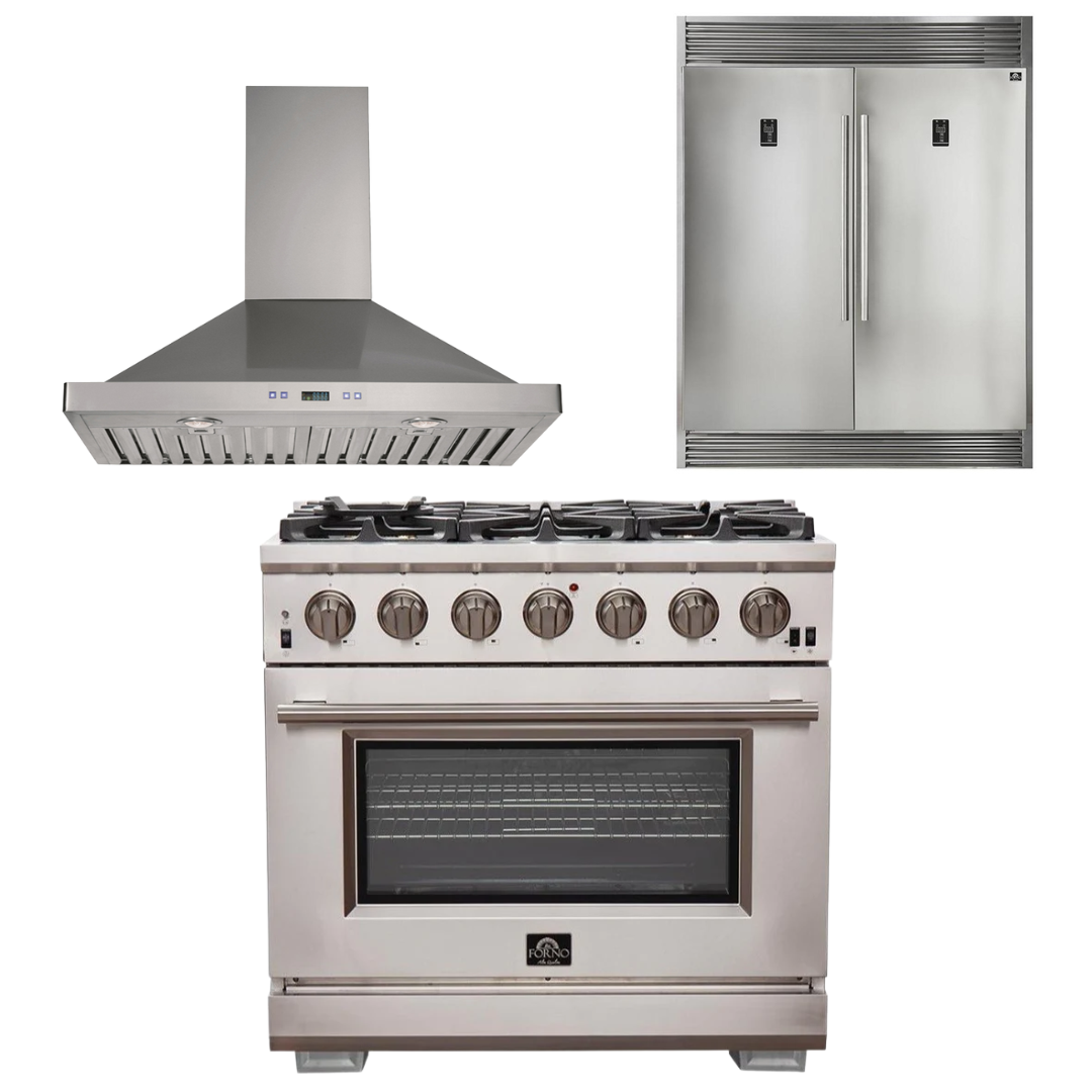 FORNO Appliance Package - 36 Inch Pro Gas Range, Wall Mount Range Hood, Refrigerator, AP-FFSGS6260-36-W-4