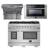 FORNO Appliance Package - 48 Inch Pro Gas Range, Wall Mount Range Hood, Microwave Drawer, AP-FFSGS6260-48-3