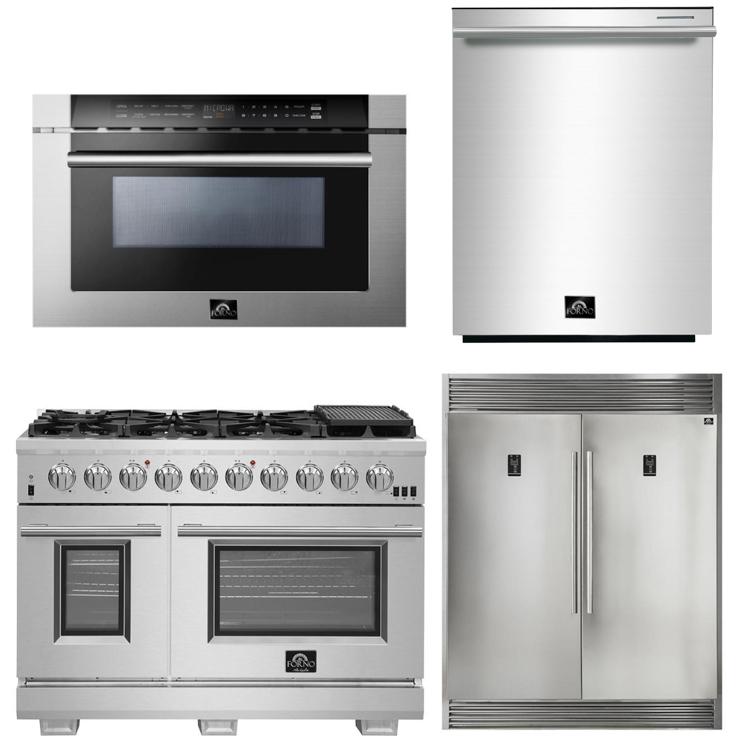 FORNO Appliance Package - 48 Inch Gas Burner/Electric Oven Pro Range, Refrigerator, Microwave Drawer, Dishwasher, AP-FFSGS6187-48-7