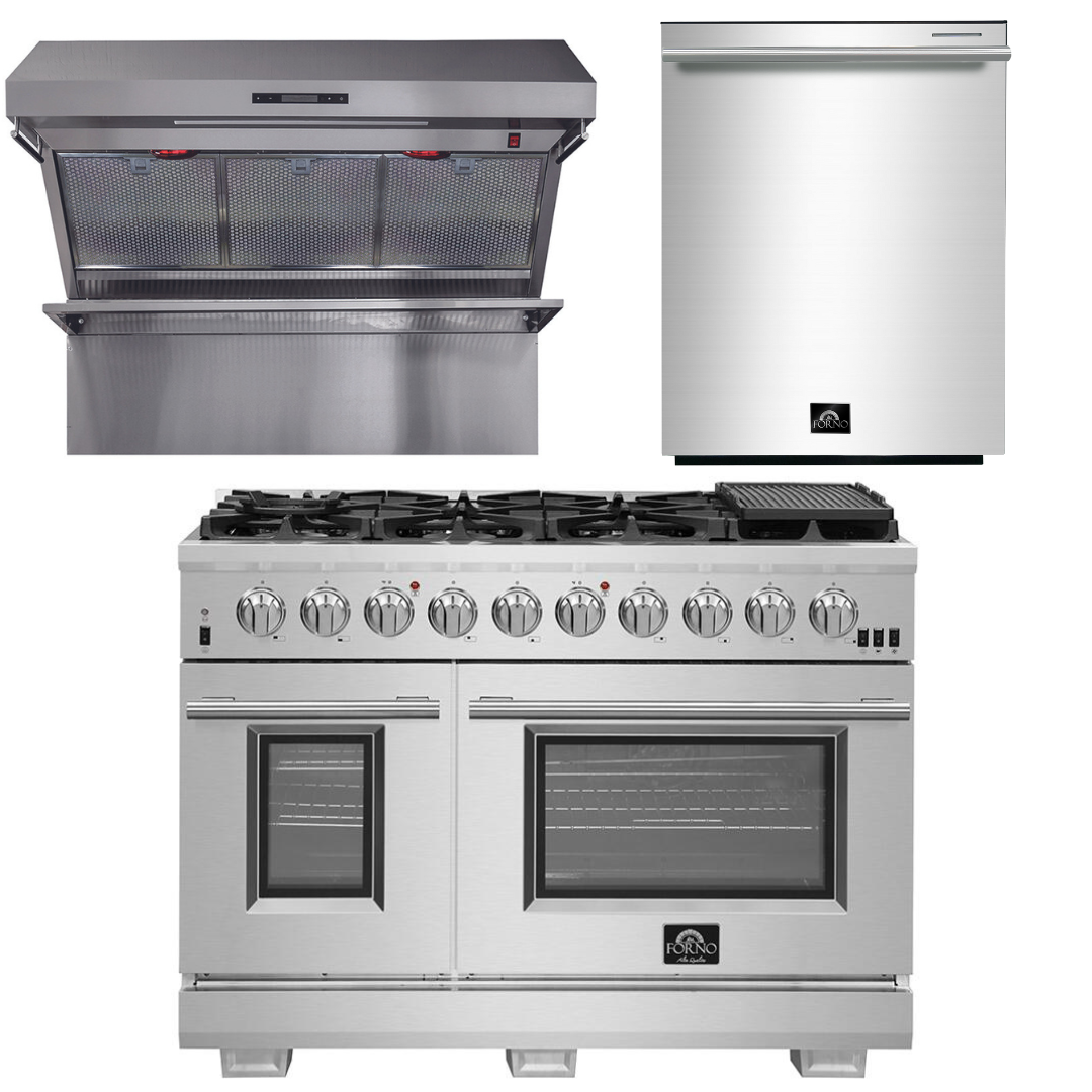FORNO Appliance Package - 48 Inch Gas Burner/Electric Oven Pro Range, Wall Mount Range Hood, Dishwasher, AP-FFSGS6187-48-2