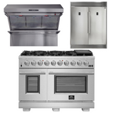 FORNO Appliance Package - 48 Inch Gas Burner/Electric Oven Pro Range, Wall Mount Range Hood, Refrigerator, AP-FFSGS6187-48-4