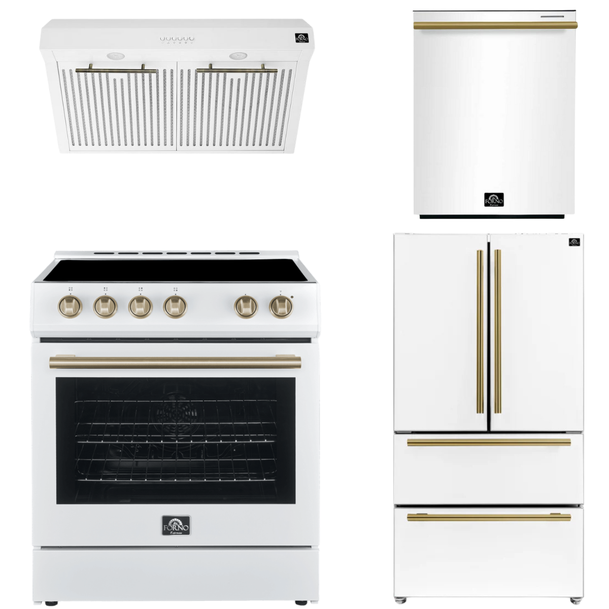 FORNO Espresso Package - 30" Electric Range, Range Hood, Refrigerator and Dishwasher in White with Antique Brass Handles