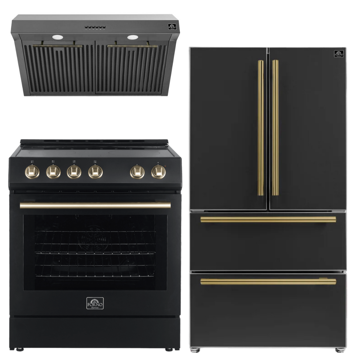 FORNO Espresso Package - 30" Electric Range, Range Hood and Refrigerator in Black with Antique Brass Handles
