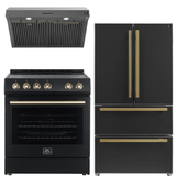 FORNO Espresso Package - 30" Electric Range, Range Hood and Refrigerator in Black with Antique Brass Handles