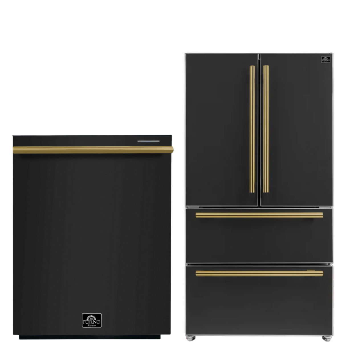 FORNO Espresso Package - 36" Refrigerator and Dishwasher in Black with Antique Brass Handles