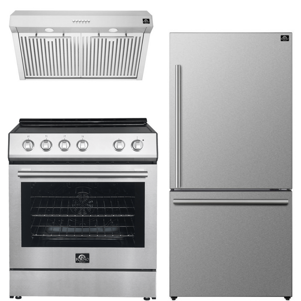 FORNO Espresso Package - 30" Electric Range, Range Hood and Refrigerator in Stainless Steel with Silver Handles, FBDL-001-01US