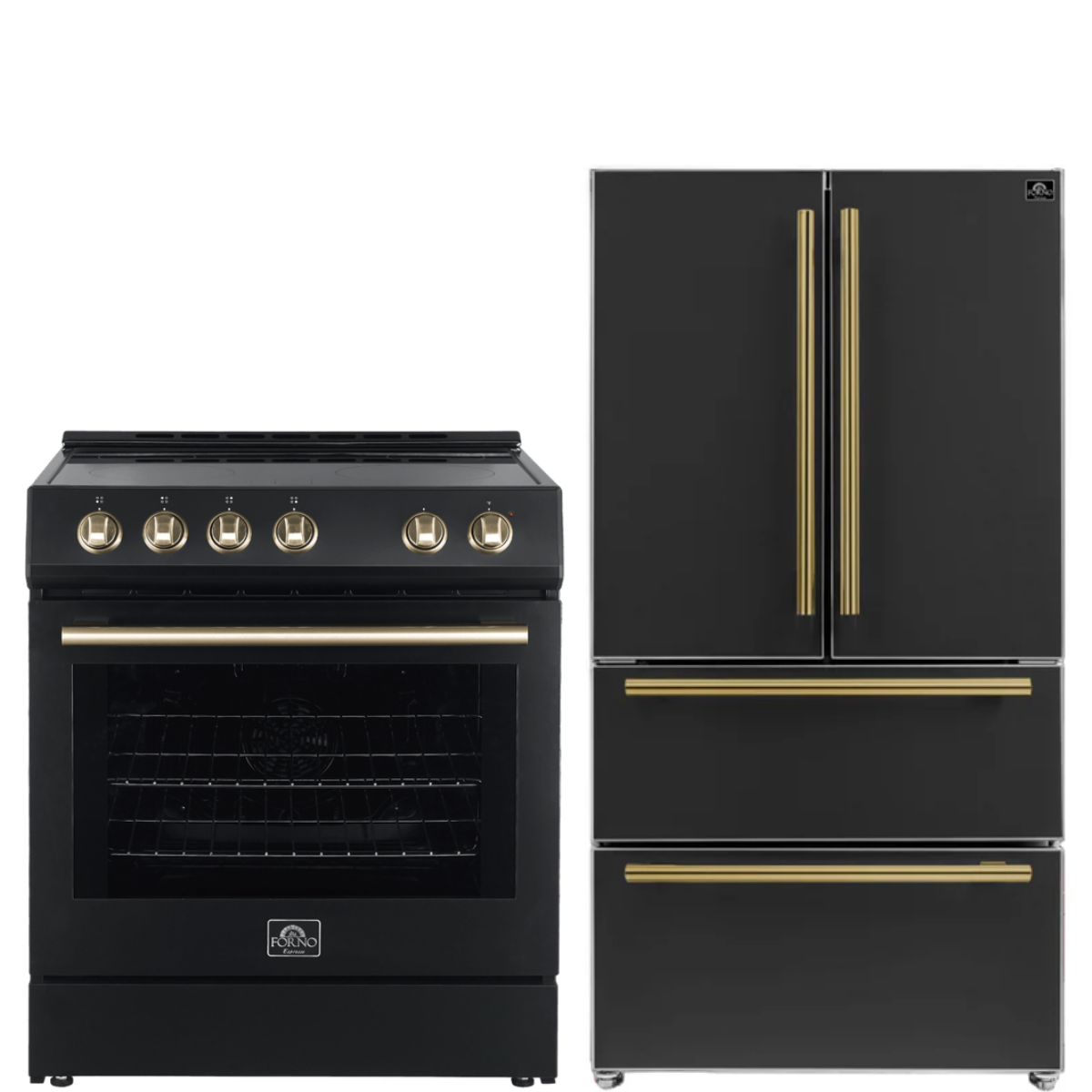 FORNO Espresso Package - 30" Electric Range and Refrigerator in Black with Antique Brass Handles