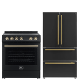 FORNO Espresso Package - 30" Electric Range and Refrigerator in Black with Antique Brass Handles