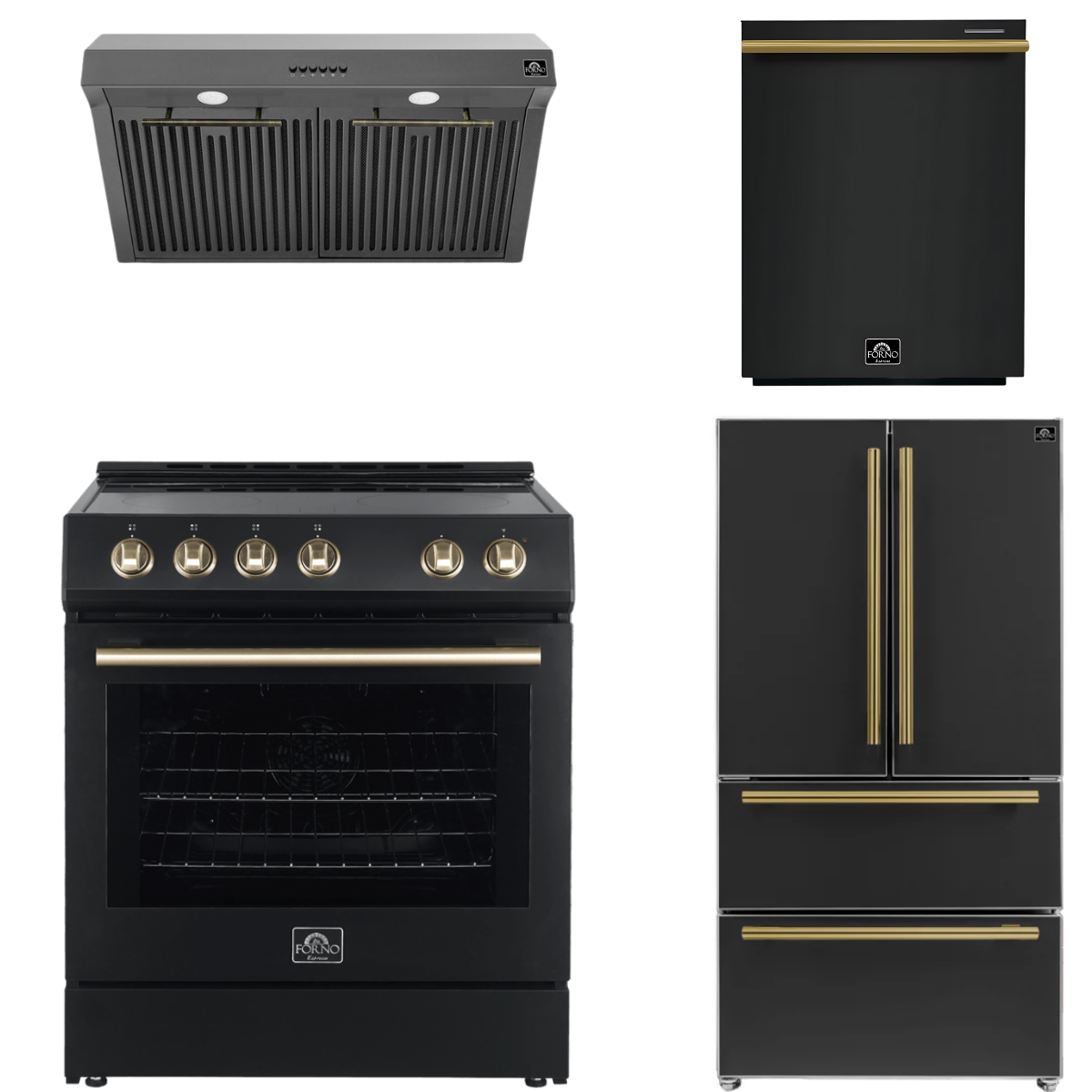 FORNO Espresso Package - 30" Electric Range, Range Hood, Refrigerator and Dishwasher in Black with Antique Brass Handles