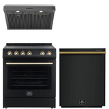 FORNO Espresso Package - 30" Electric Range, Range Hood and Dishwasher in Black with Antique Brass Handles