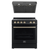 FORNO Espresso Package - 30" Electric Range and Range Hood in Black with Antique Brass Handles, FBDL-002-02US