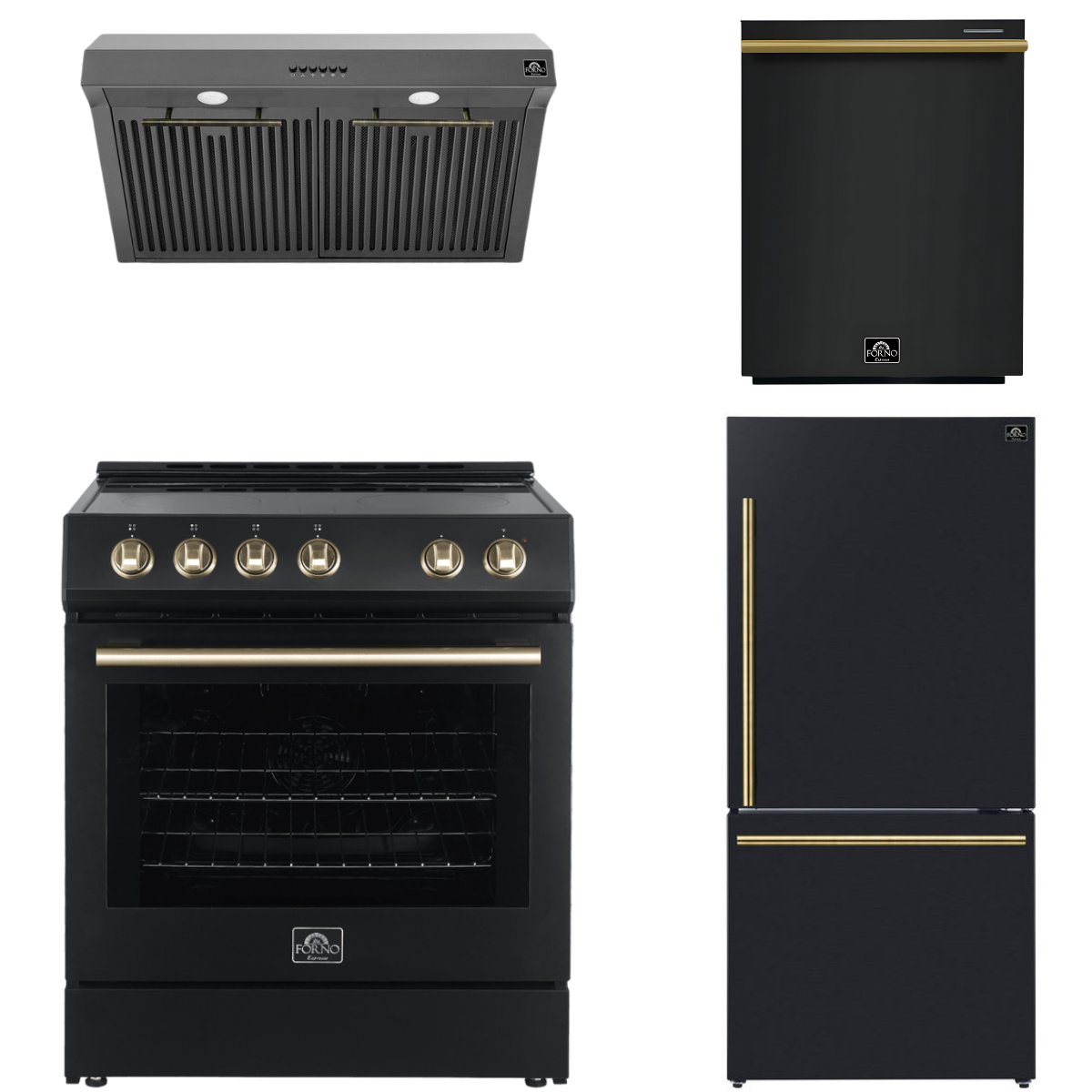 FORNO Espresso Package - 30" Electric Range, Range Hood, Refrigerator and Dishwasher in Black with Antique Brass Handles, FBDL-006-02US