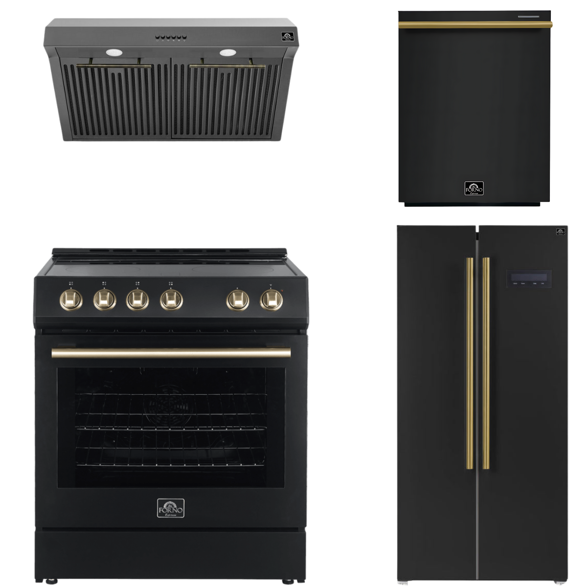 FORNO Espresso Package - 30" Electric Range, Range Hood, Refrigerator and Dishwasher in Black with Antique Brass Handles