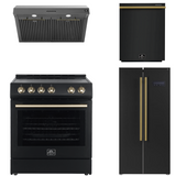 FORNO Espresso Package - 30" Electric Range, Range Hood, Refrigerator and Dishwasher in Black with Antique Brass Handles