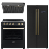 FORNO Espresso Package - 30" Electric Range, Range Hood and Refrigerator in Black with Antique Brass Handles