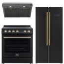 FORNO Espresso Package - 30" Electric Range, Range Hood and Refrigerator in Black with Antique Brass Handles