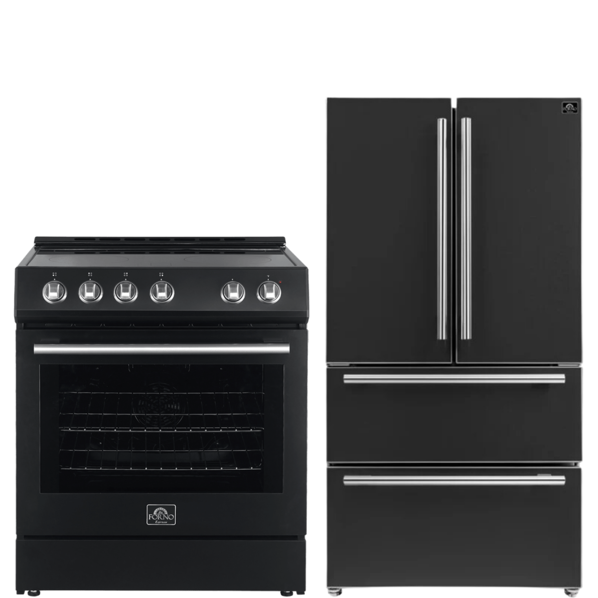 FORNO Espresso Package - 30" Electric Range and Refrigerator in Black with Silver Handles