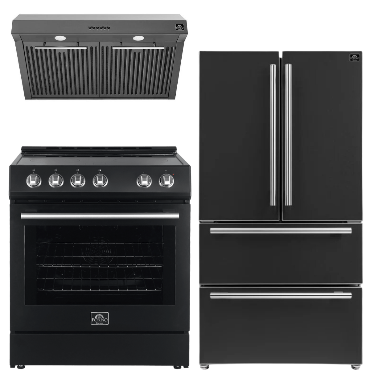 FORNO Espresso Package - 30" Electric Range, Range Hood and Refrigerator in Black with Silver Handles