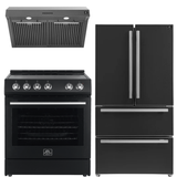 FORNO Espresso Package - 30" Electric Range, Range Hood and Refrigerator in Black with Silver Handles