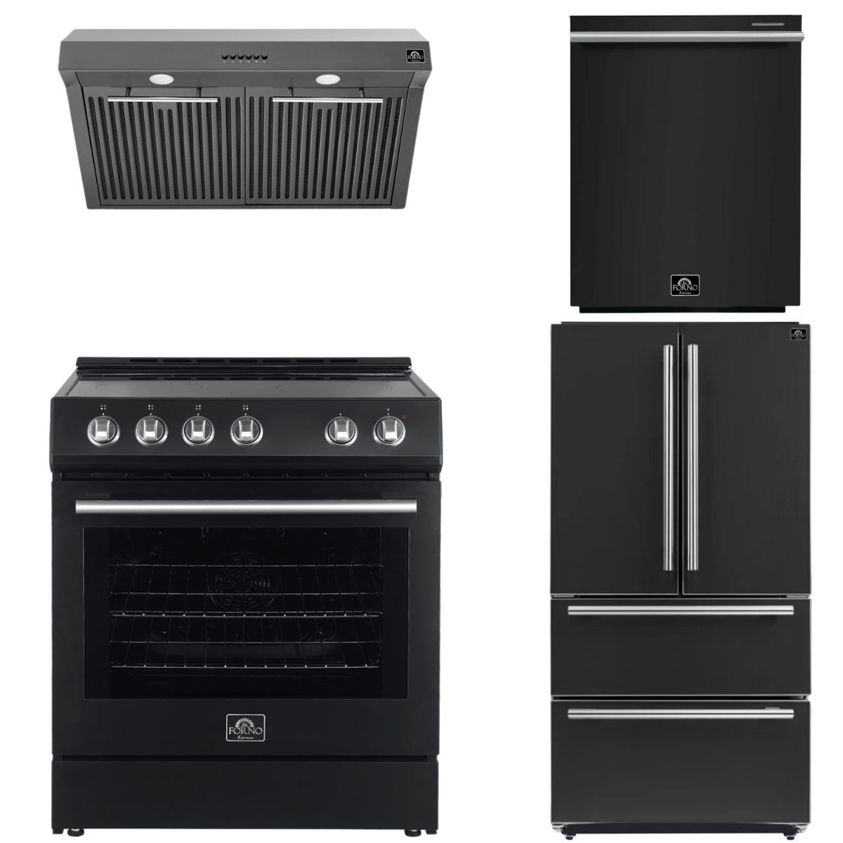 FORNO Espresso Package - 30" Electric Range, Range Hood, Refrigerator and Dishwasher in Black with Silver Handles