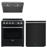 FORNO Espresso Package - 30" Electric Range, Range Hood and Dishwasher in Black with Silver Handles
