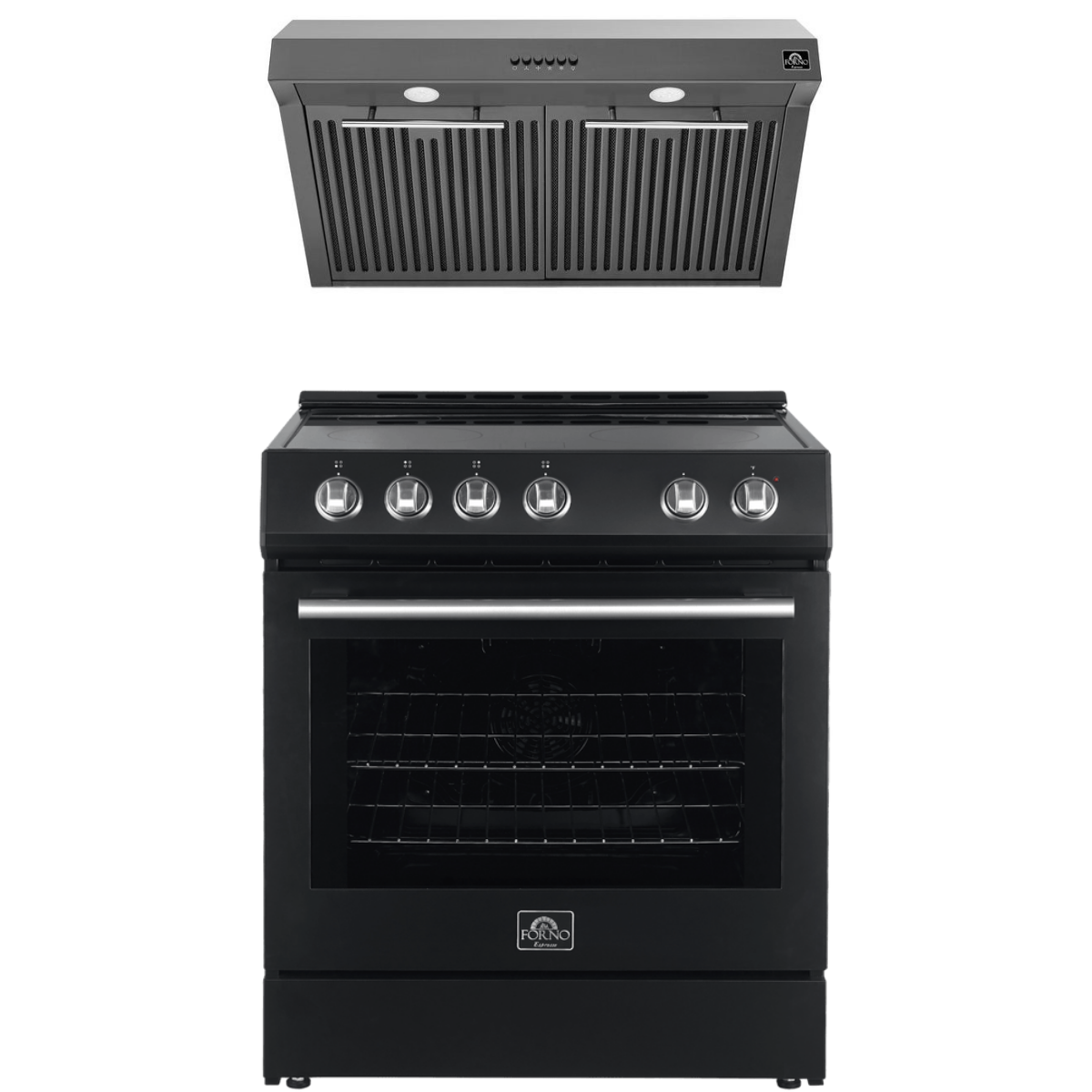 FORNO Espresso Package - 30" Electric Range and Range Hood in Black with Silver Handles, FBDL-002-02US
