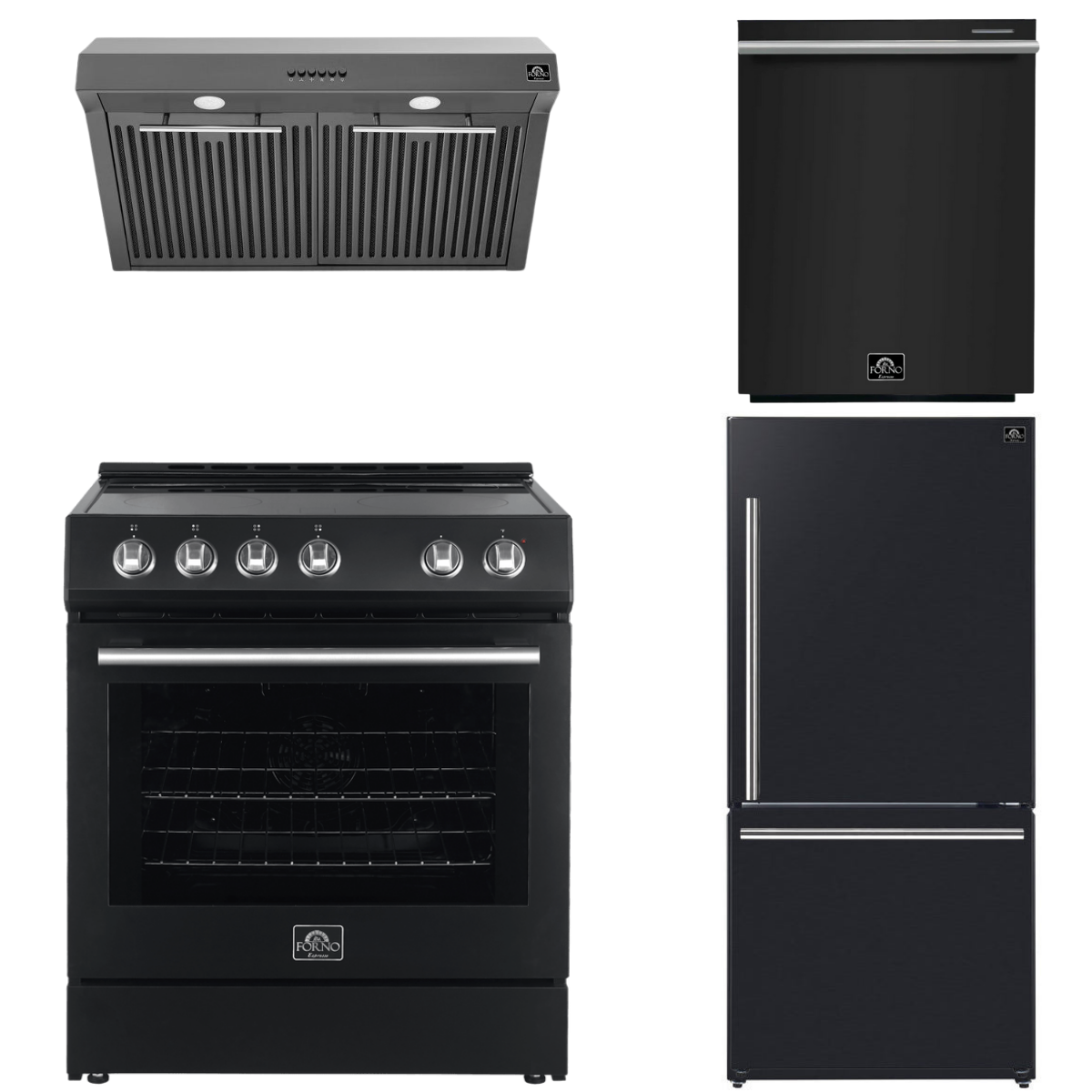FORNO Espresso Package - 30" Electric Range, Range Hood, Refrigerator and Dishwasher in Black with Silver Handles, FBDL-006-02US
