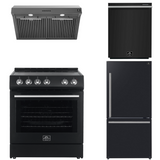 FORNO Espresso Package - 30" Electric Range, Range Hood, Refrigerator and Dishwasher in Black with Silver Handles, FBDL-006-02US