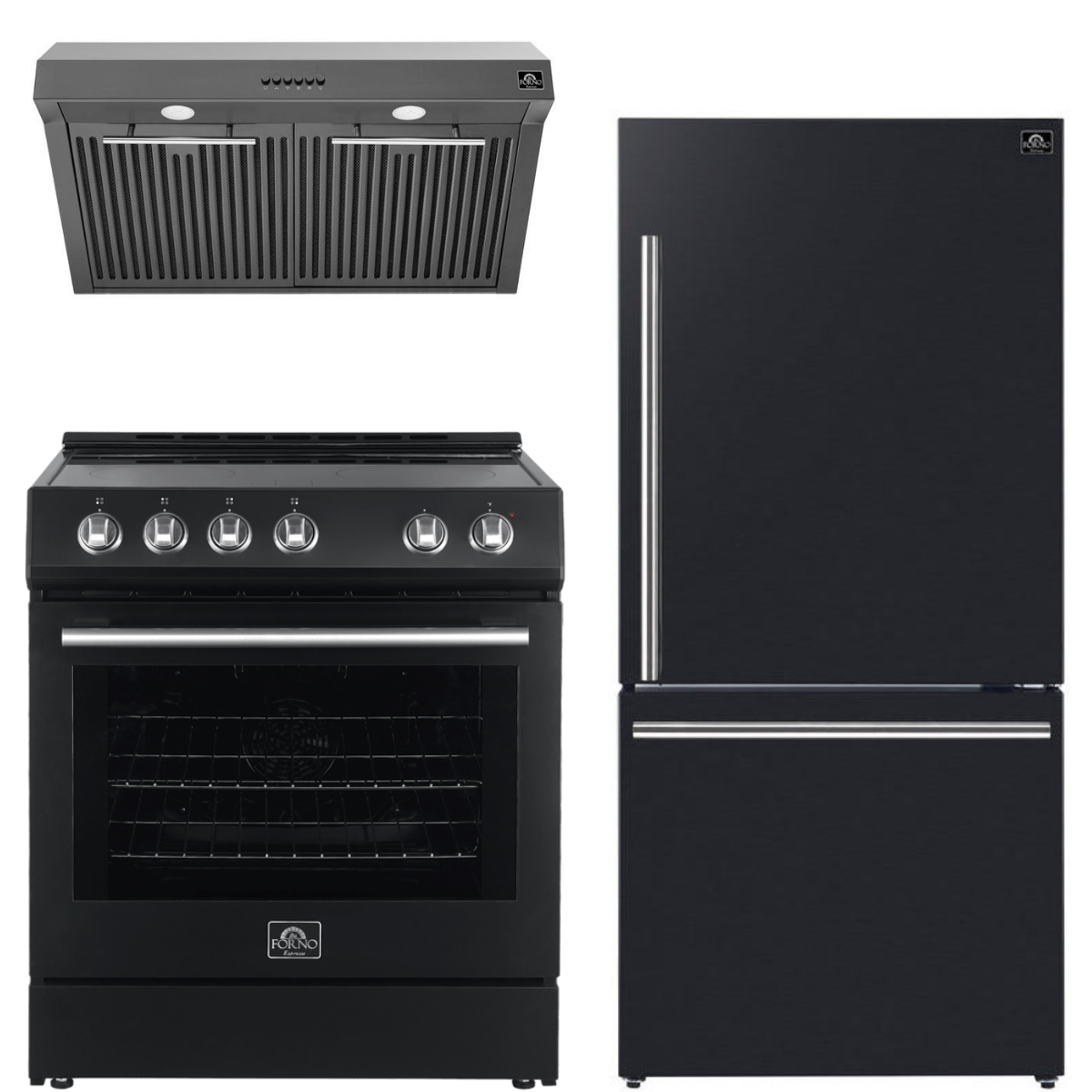FORNO Espresso Package - 30" Electric Range, Range Hood and Refrigerator in Black with Silver Handles, FBDL-001-02US