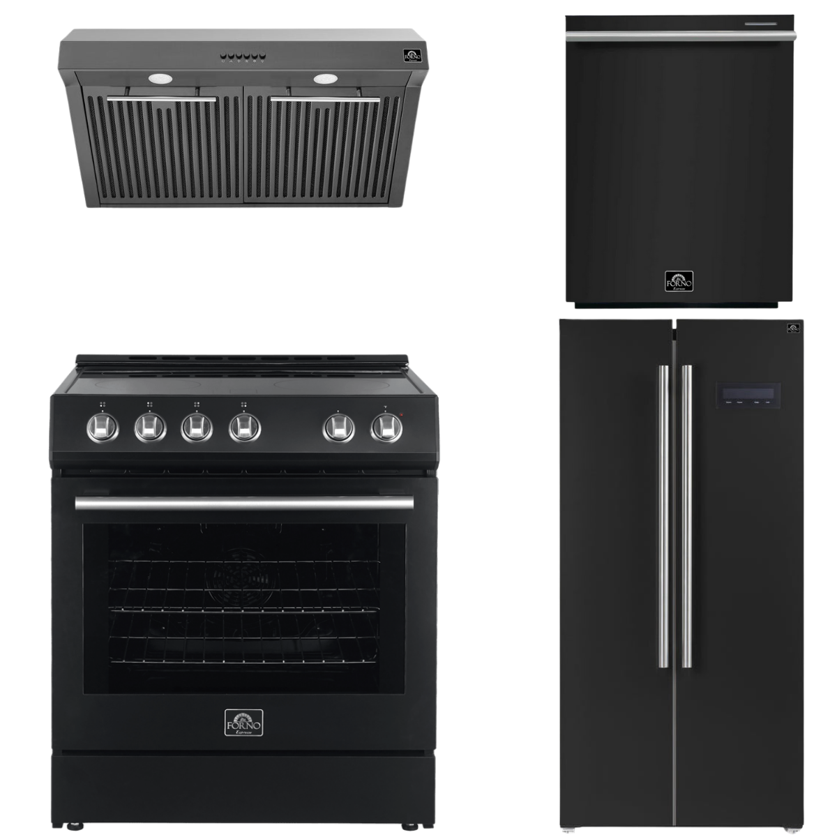 FORNO Espresso Package - 30" Electric Range, Range Hood, Refrigerator and Dishwasher in Black with Silver Handles
