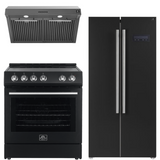 FORNO Espresso Package - 30" Electric Range, Range Hood and Refrigerator in Black with Silver Handles