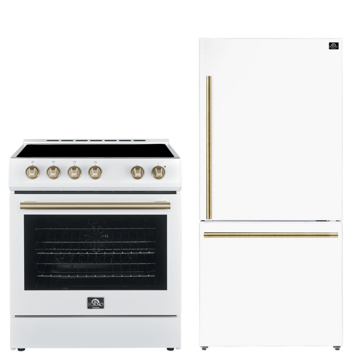 FORNO Espresso Package - 30" Electric Range and Refrigerator in White with Antique Brass Handles, FBDL-003-03US