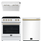 FORNO Espresso Package - 30" Electric Range, Range Hood and Dishwasher in White with Antique Brass Handles