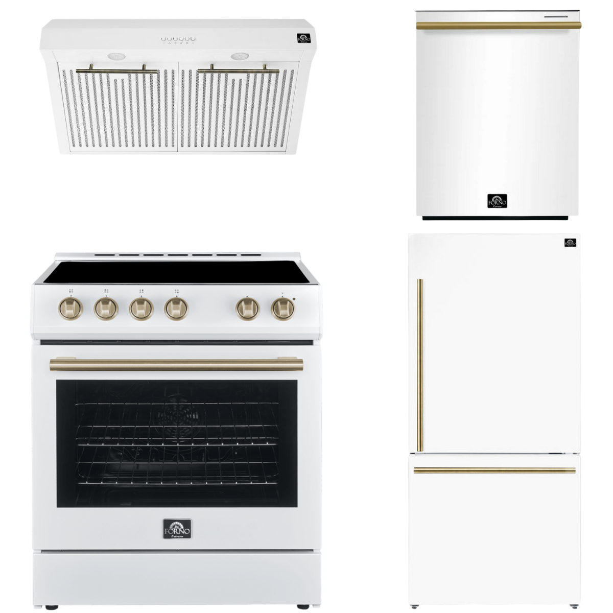 FORNO Espresso Package - 30" Electric Range, Range Hood, Refrigerator and Dishwasher in White with Antique Brass Handles, FBDL-006-03US