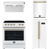 FORNO Espresso Package - 30" Electric Range, Range Hood, Refrigerator and Dishwasher in White with Antique Brass Handles
