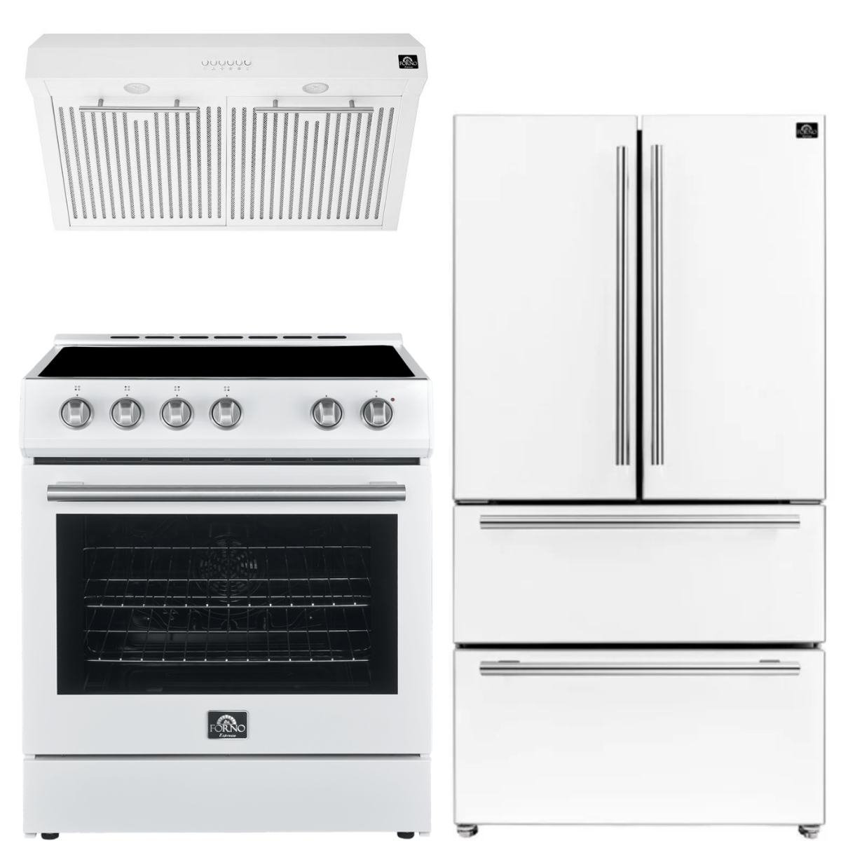 FORNO Espresso Package - 30" Electric Range, Range Hood and Refrigerator in White with Silver Handles