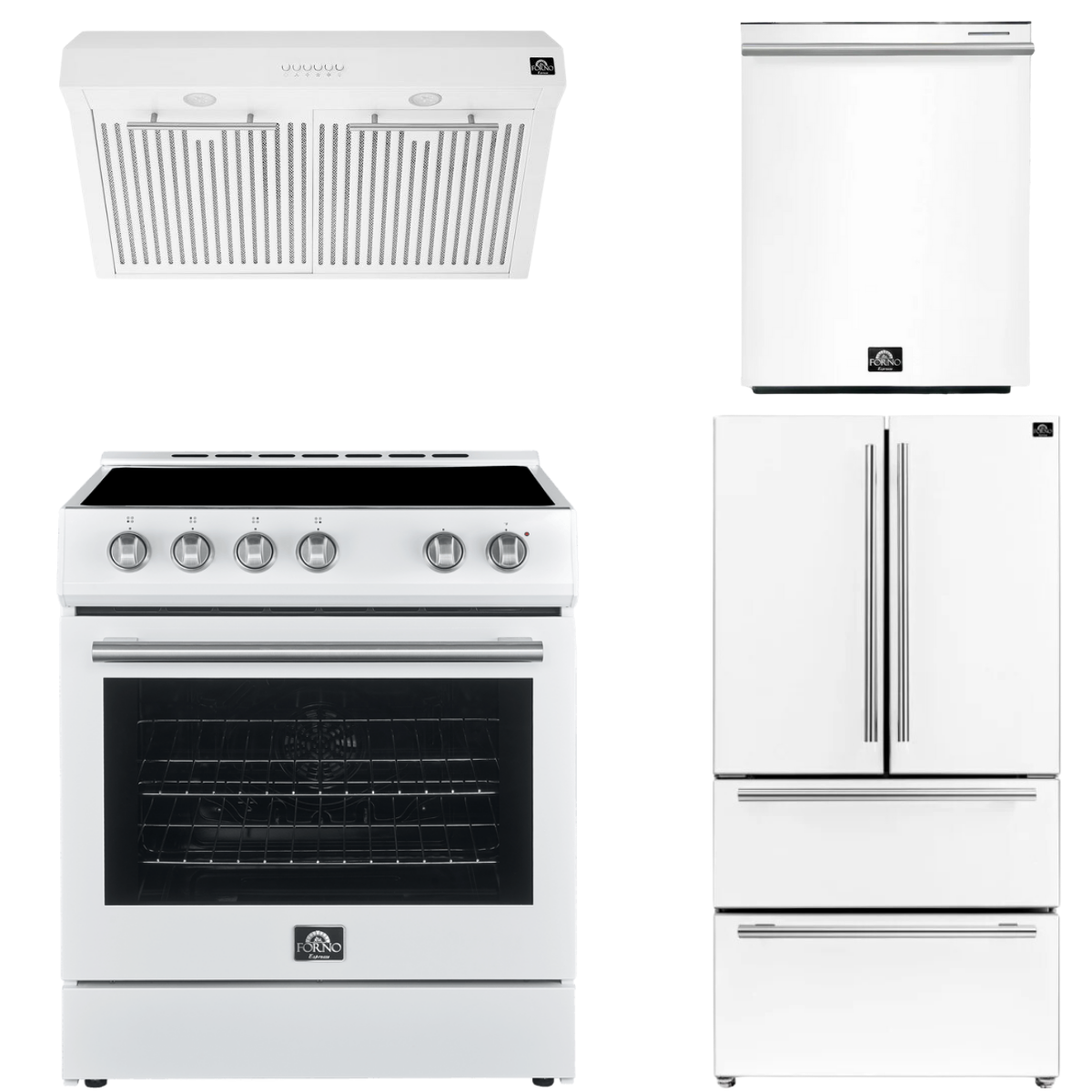 FORNO Espresso Package - 30" Electric Range, Range Hood, Refrigerator and Dishwasher in White with Silver Handles