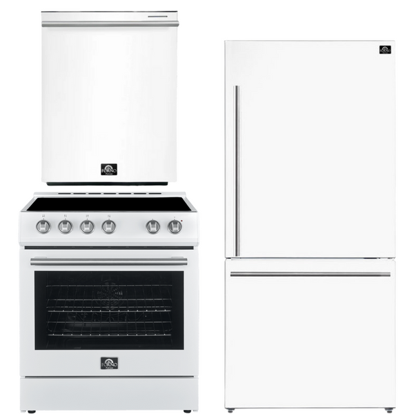 FORNO Espresso Package - 30" Electric Range, Refrigerator and Dishwasher in White with Silver Handles