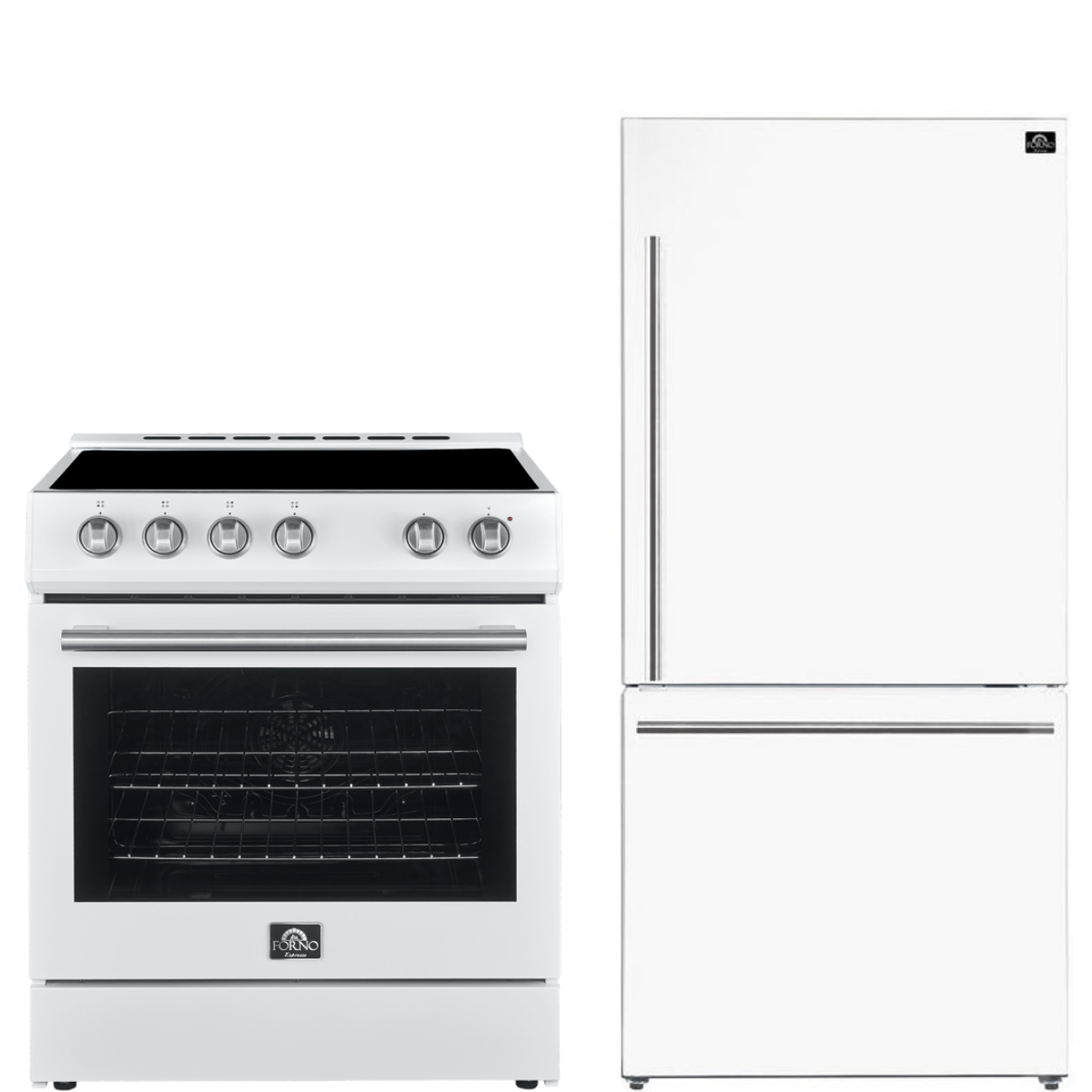 FORNO Espresso Package - 30" Electric Range and Refrigerator in White with Silver Handles, FBDL-003-03US