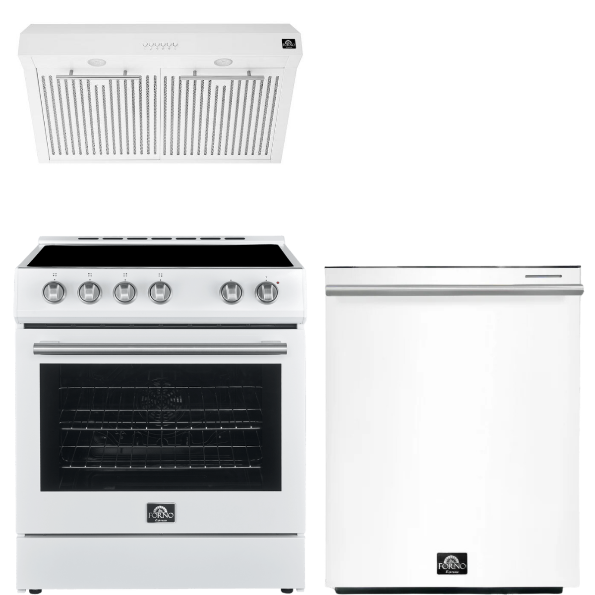 FORNO Espresso Package - 30" Electric Range, Range Hood and Dishwasher in White with Silver Handles