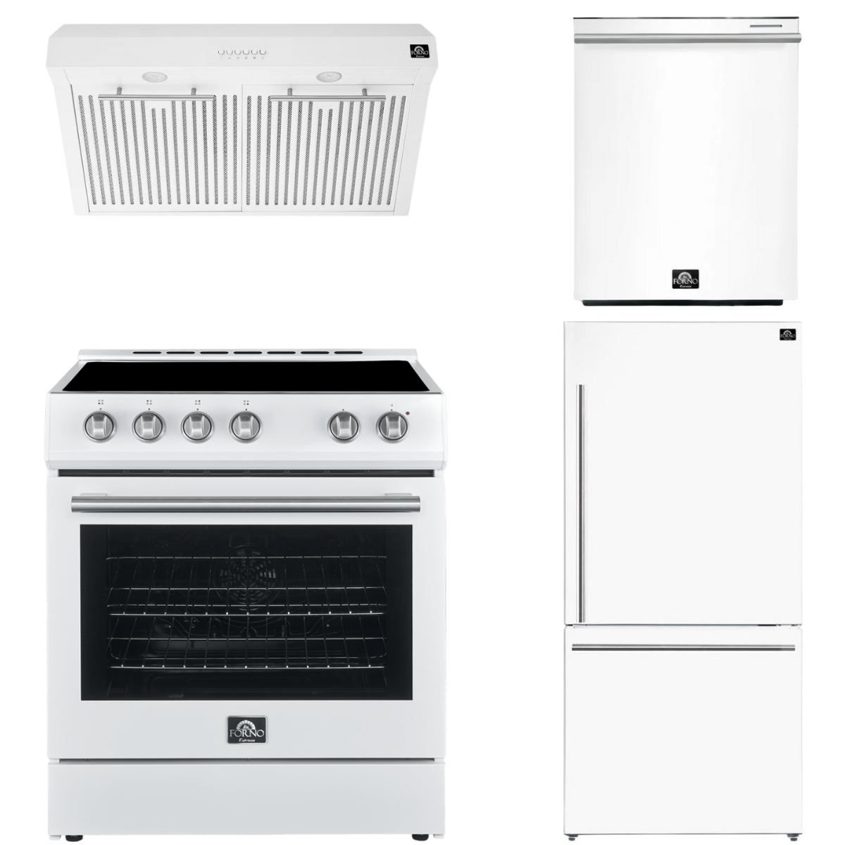 FORNO Espresso Package - 30" Electric Range, Range Hood, Refrigerator and Dishwasher in White with Silver Handles, FBDL-006-03US
