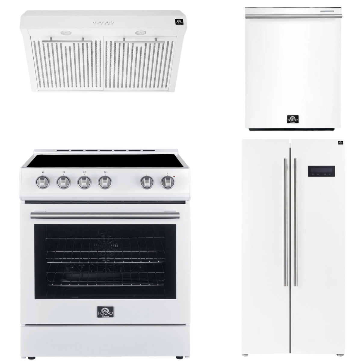 FORNO Espresso Package - 30" Electric Range, Range Hood, Refrigerator and Dishwasher in White with Silver Handles