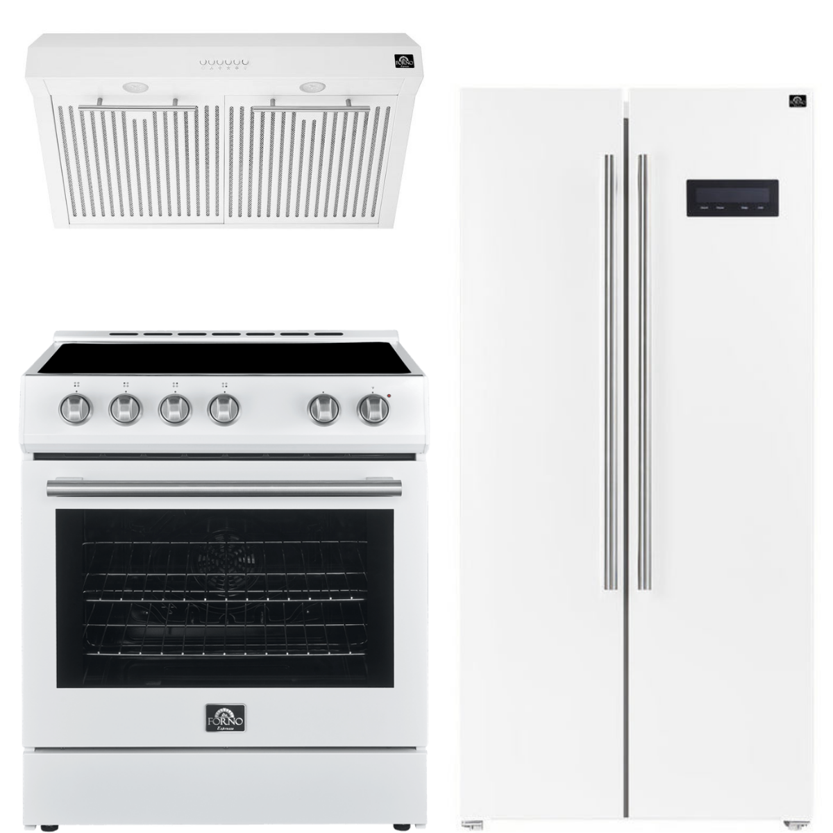 FORNO Espresso Package - 30" Electric Range, Range Hood and Refrigerator in White with Silver Handles